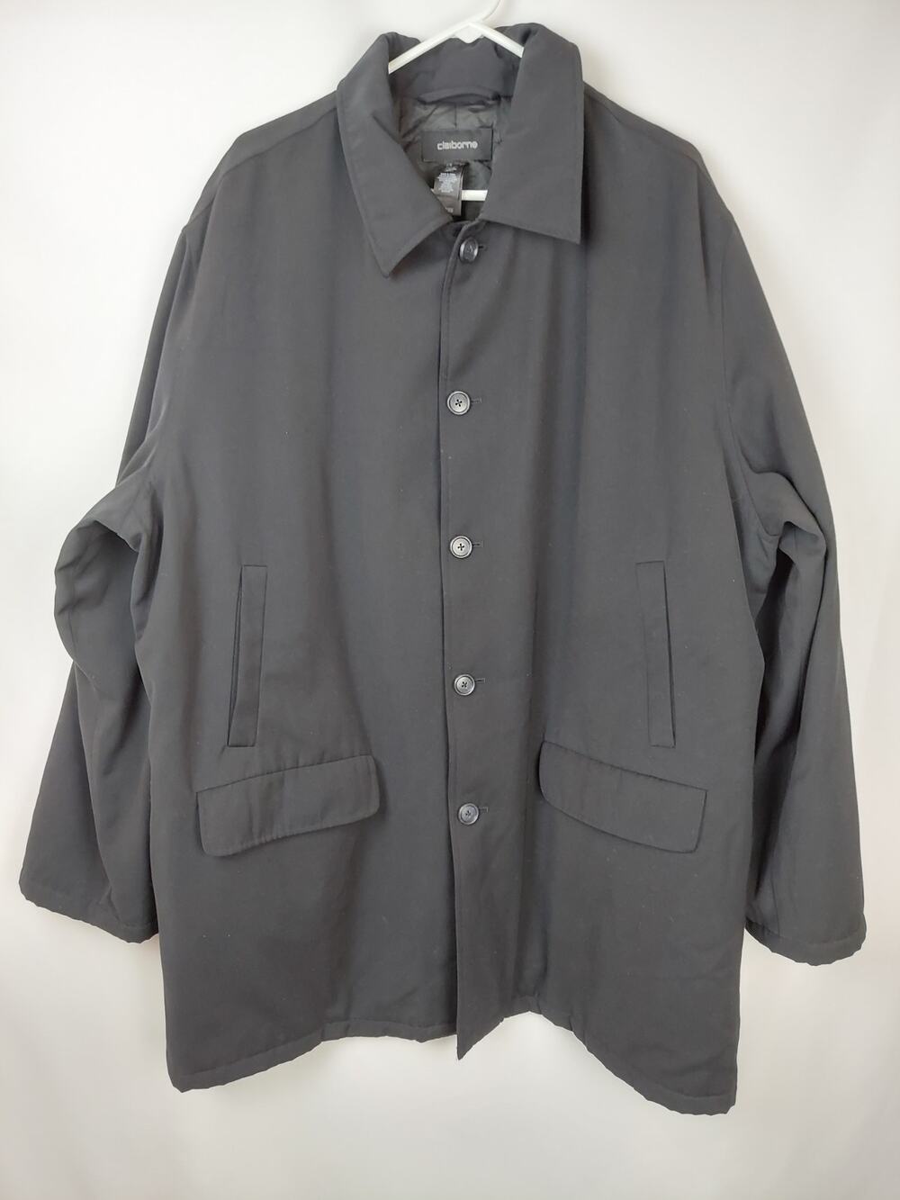 Claiborne Men's Goth Black Lined Overcoat Trench Coat Button Up Size XXL